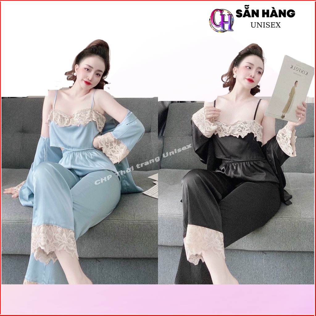 Set đồ ngủ lụa 3 món, bộ mặc nhà gồm áo ngủ 2 dây kèm áo choàng và quần dài phối ren siêu sang chất lụa satin cho Nữ M22