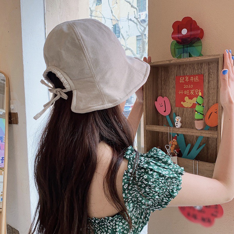 Nón tai bèo chất liệu cotton lanh thoáng khí thiết kế cột dây màu trơn thời trang xuân hè phong cách nhật bản