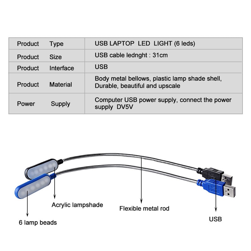 Đèn di động USB LED Mini Book Light Đèn đọc sách Đèn bàn 6leds linh hoạt Đèn USB cho Power Bank Máy tính xách tay Máy tính xách tay Máy tính