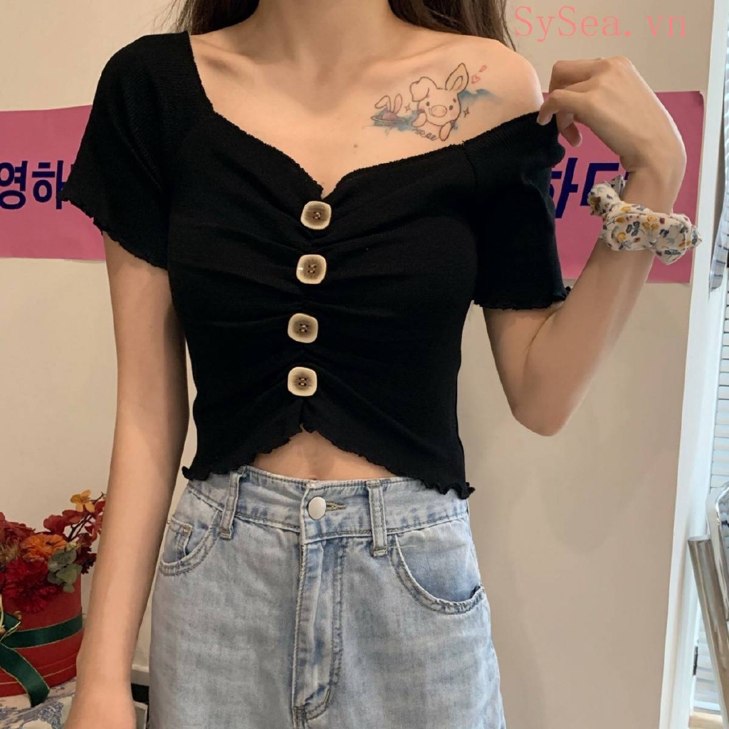 Áo Croptop Dệt Kim Tay Ngắn Cổ Chữ V Thời Trang Mùa Hè Cho Nữ