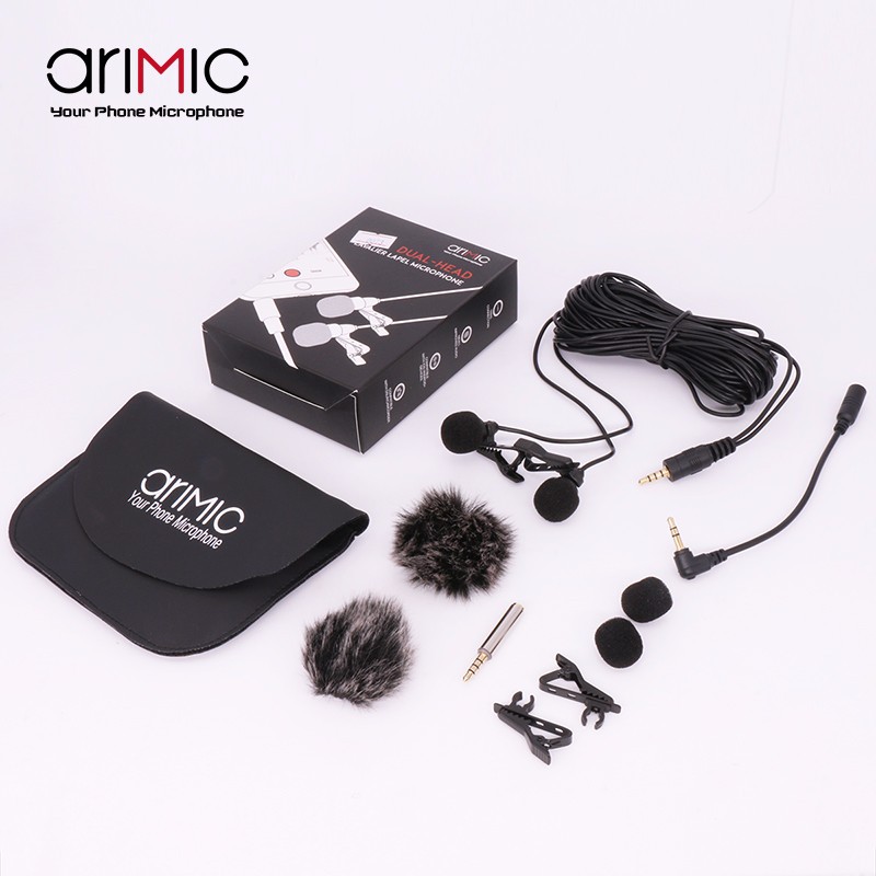 [Mã ELHACE giảm 4% đơn 300K] Micro cài áo 2 đầu mic cho điện thoại và máy ảnh AriMic Clip-on Dual Lavalier