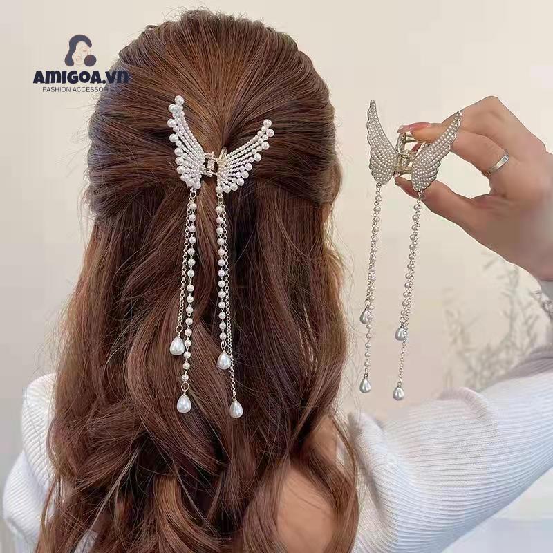 ✨✨Kẹp Tóc Hình Bướm Đính Ngọc Trai Phối Tua Rua Thời Trang Hàn Quốc Ngọt Ngào Cho Nữ