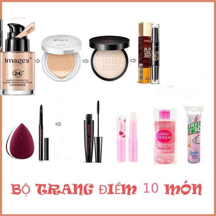 Bộ trang điểm 10 món có má hồng và nước tẩy trang