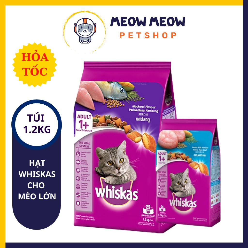 Hạt cho mèo Whiskas cho mèo lớn | Túi 1.2KG | Hạt dinh dưỡng khô cho mèo.