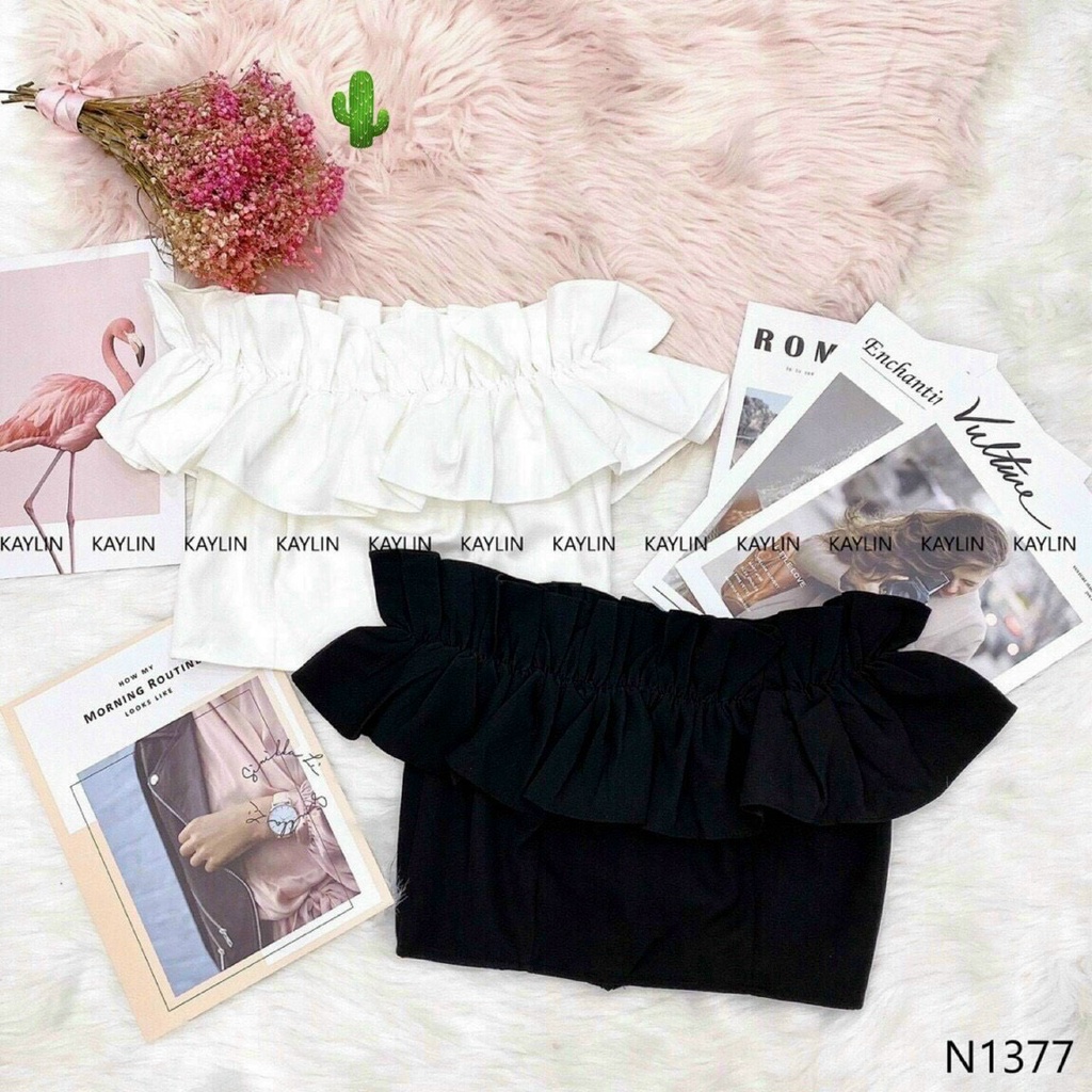 Áo kiểu croptop trễ vai bèo tiểu thư cực xinh , chất kate mềm mịn