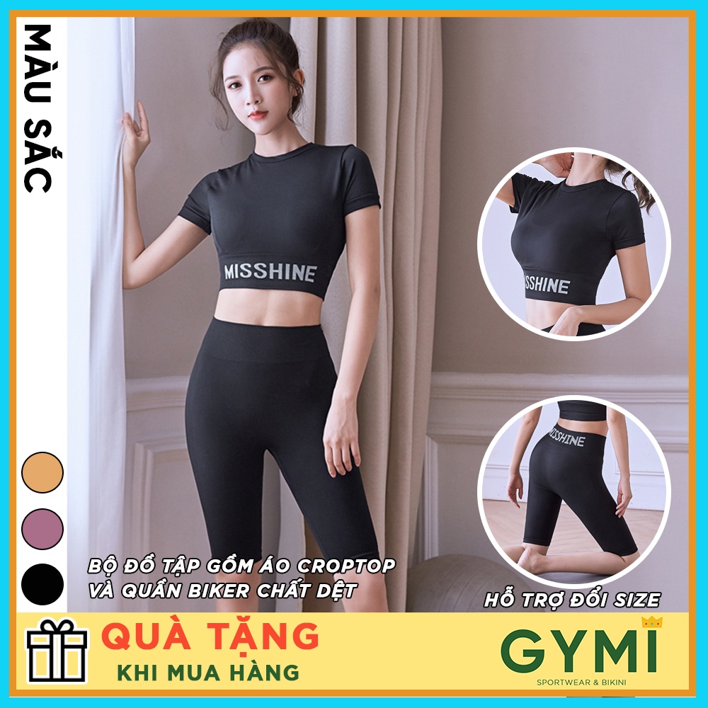 Set bộ đồ tập gym yoga nữ GYMI SET05 gồm áo croptop và quần ngố lửng thể thao chất dệt kim co giãn