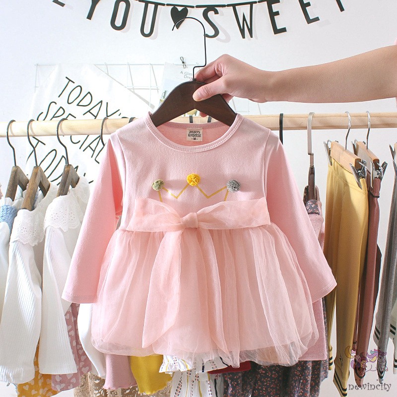 Đầm Công Chúa Phối Lưới Kiểu Hàn Quốc Thời Trang Xuân Thu Xinh Xắn Dành Cho Bé Gái