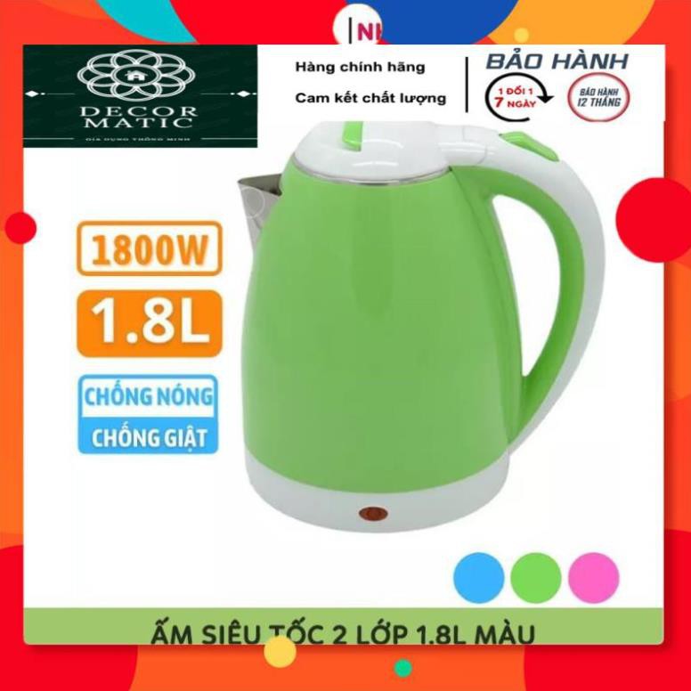 Ấm Siêu Tốc Đun Nước Electric Kettle Dung Tích 1.8 Lít Loại 2 Lớp Màu, Bảo Hành 6 Tháng Lỗi Đổi Mới