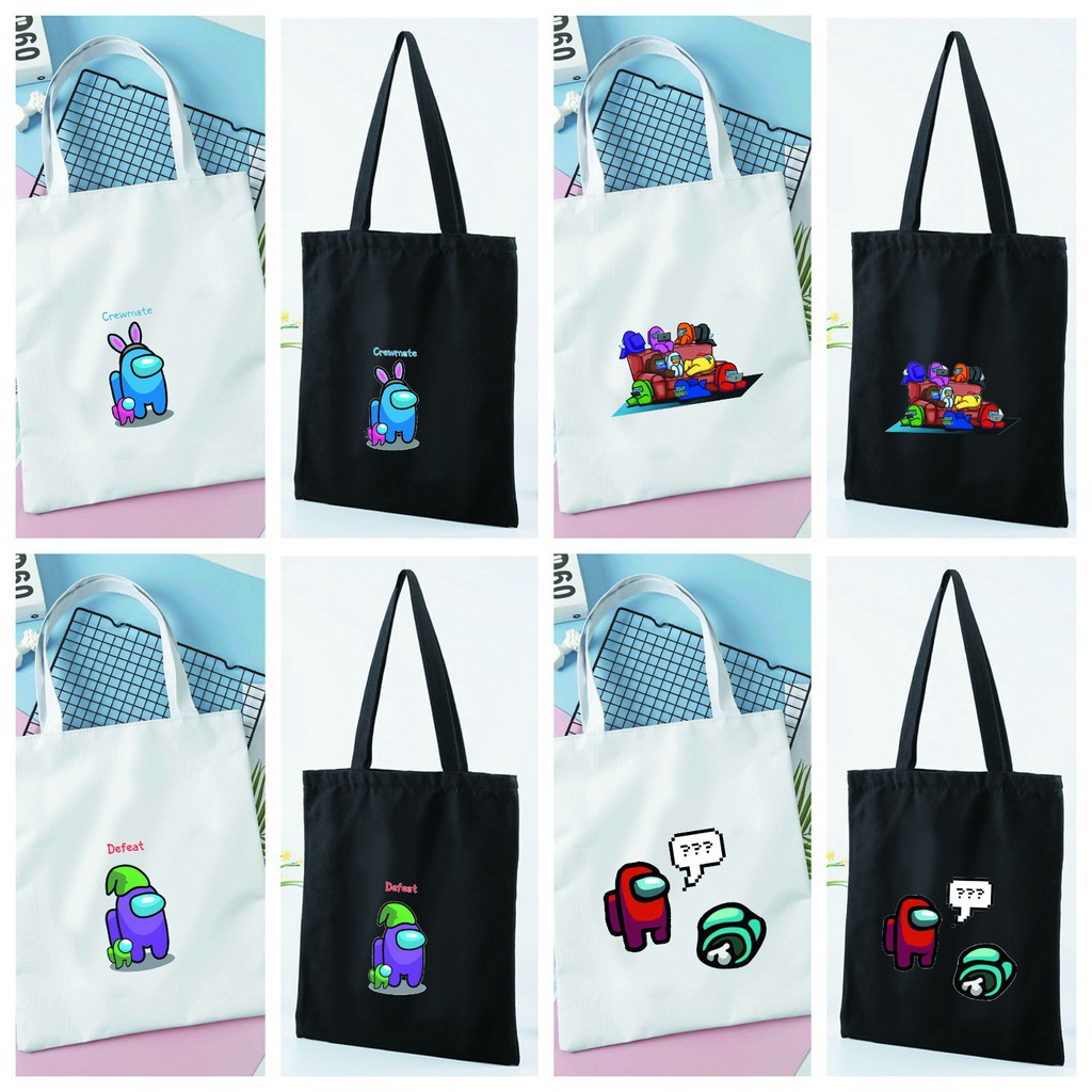 Túi tote vải đeo vai đen trắng in hình Among Us anime chibi m01