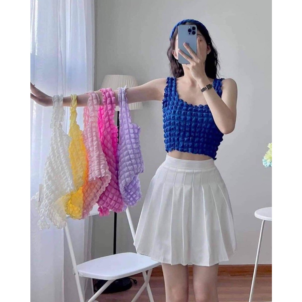 Áo Cổ Vuông Hai Dây Dáng Croptop Chất Xốp Phồng Siêu Hot