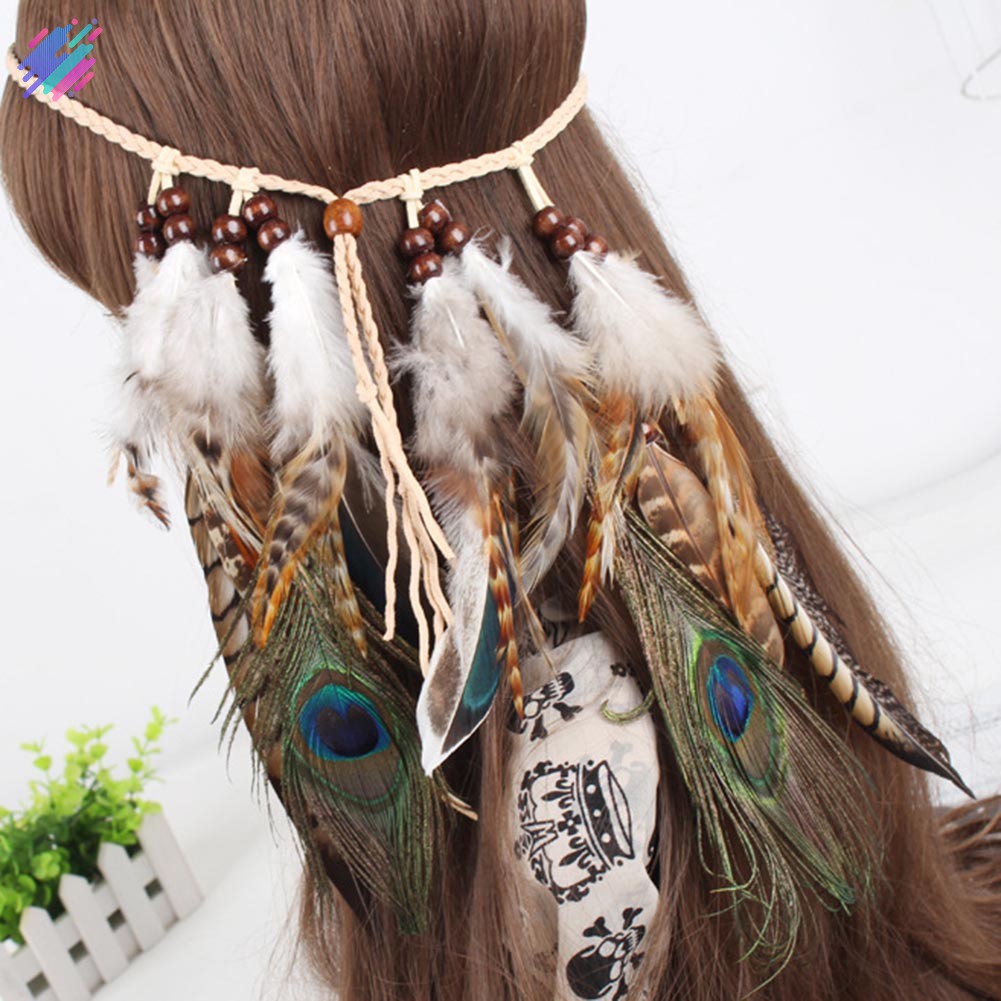 Vòng đeo đầu đính lông vũ phong cách boho thời trang cho nữ
