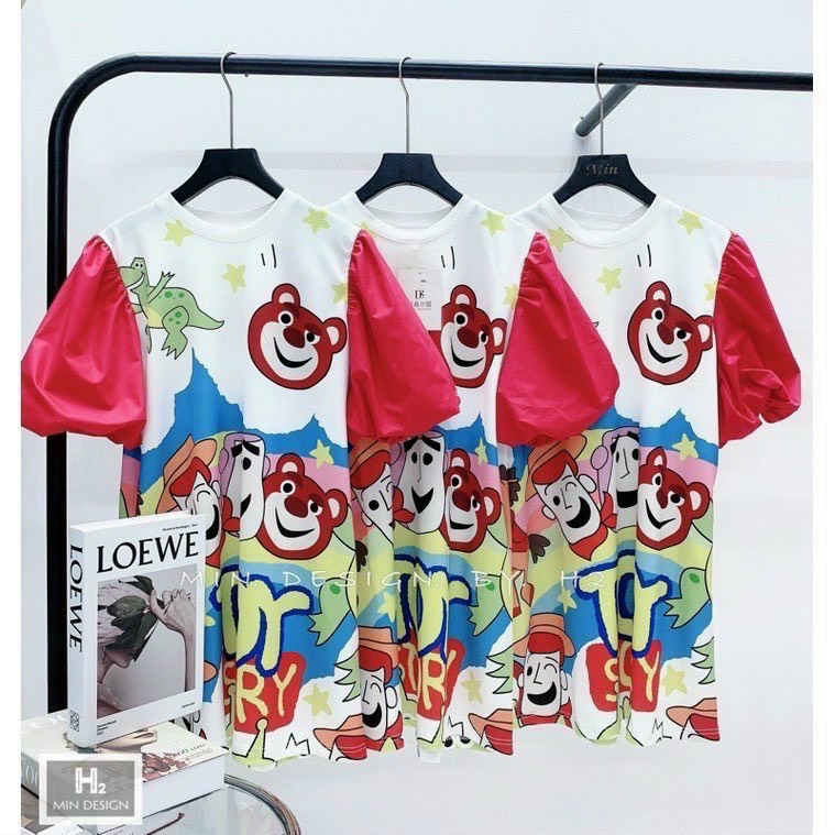 Đầm suông hoạt hình toy tay phồng hồng cute k