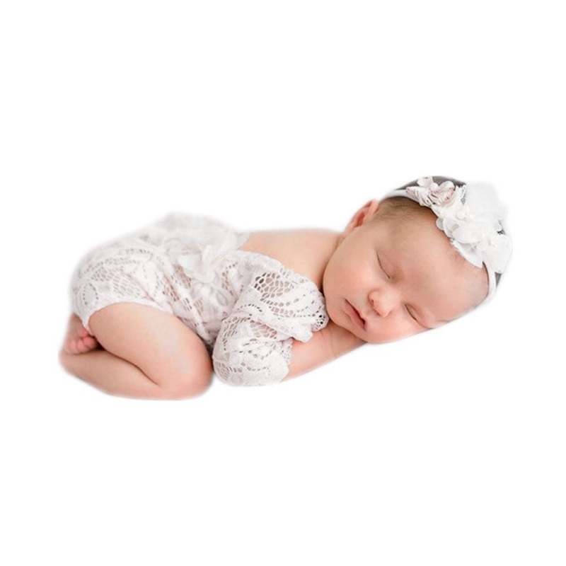 Set Áo Liền Quần + Băng Đô Ren Hoa Chụp Ảnh Cho Bé Gái