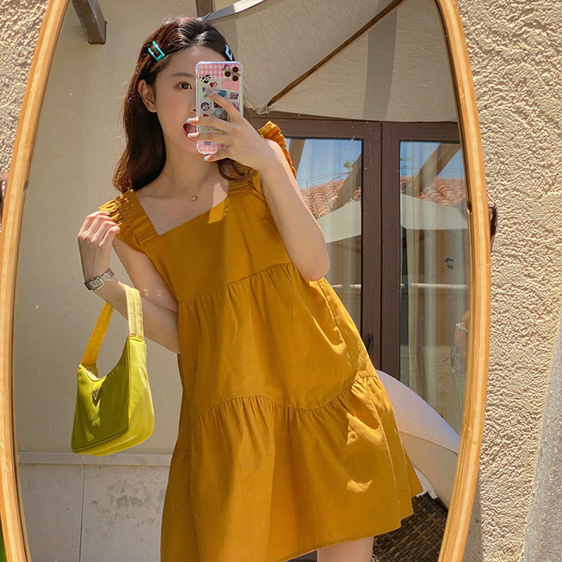 Đầm hai dây màu sắc trơn phong cách Hàn Quốc