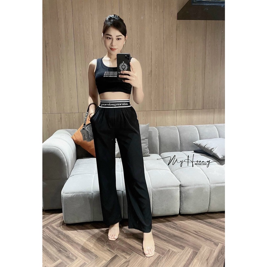 Set bộ nữ áo ba lỗ croptop 3 dòng chữ trước quần dài suông rộng bản lưng chữ hot MK70