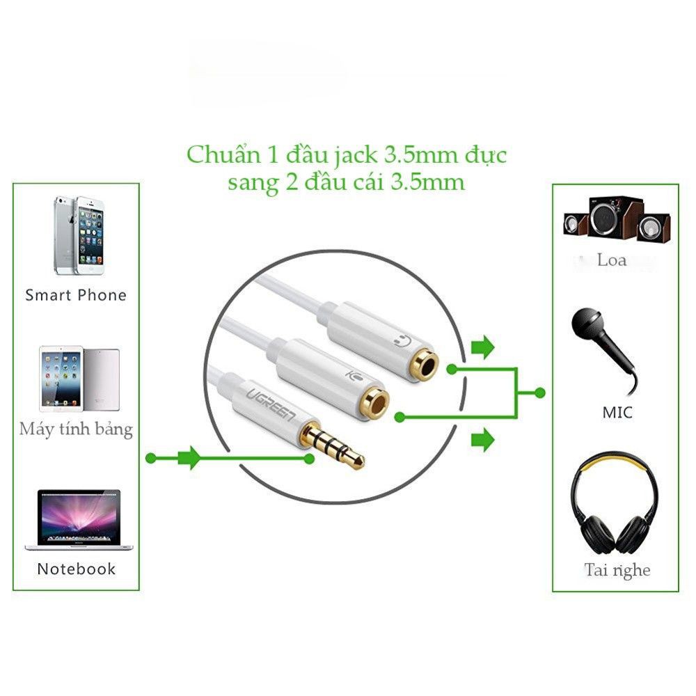Dây chuyển đổi 3.5mm đực sang hai đầu 3.5mm (1 đầu hỗ trợ MIC, 1 đầu hỗ trợ âm thanh) dài 20CM UGREEN AV141 10789