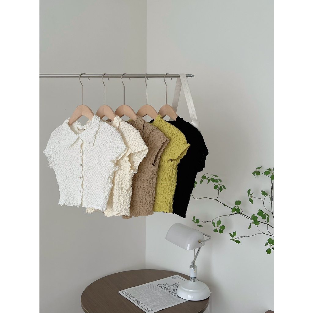 Áo crotop sơ mi Forgirl body vải xốp nhún siêu tôn dáng