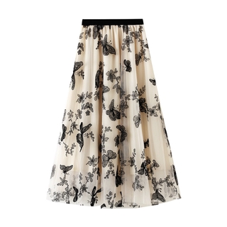 Lace butterfly print skirt, high-waist A-line skirt, mid-length mesh skirt (8652)