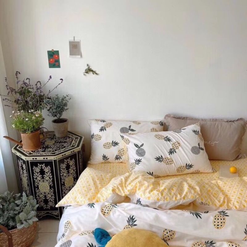 Bộ chăn ga gối phong cách Hàn quốc Cotton Poly Dứa Vàng, Dứa Hồng