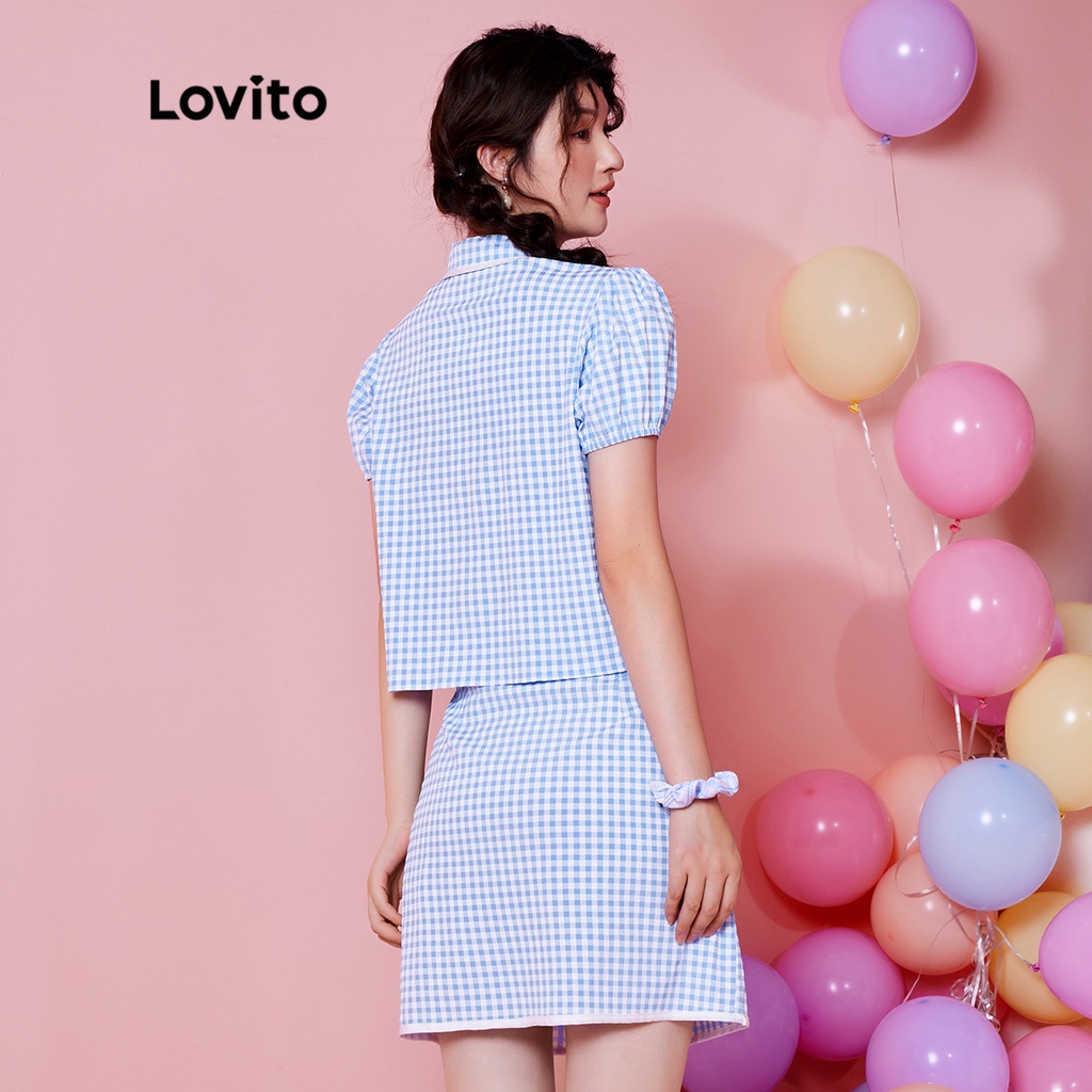 Set đồ LOVITO áo tay phồng tương phản kẻ sọc phong cách Preppy DOPAMINE cho nữ (độc quyền) L28AE039 (màu xanh lam)
