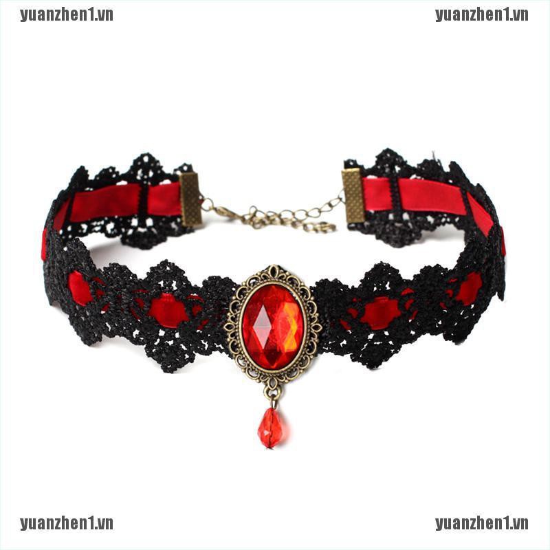 [YUANZHEN1] Vòng Cổ Choker Ren Đen Đính Pha Lê Phong Cách Gothic Cổ Điển