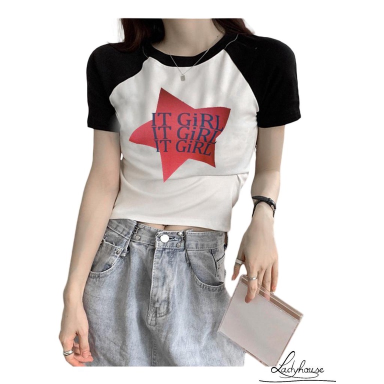 Áo Thun Crop Top Tay Ngắn Cổ Tròn In Chữ Và Ngôi Sao Màu Tương Phản Thời Trang Mùa Hè Cho Nữ