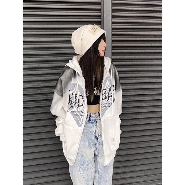 Áo khoác hoodie zip nỉ có mũ hoạ tiết phong cách retro Âu Mỹ