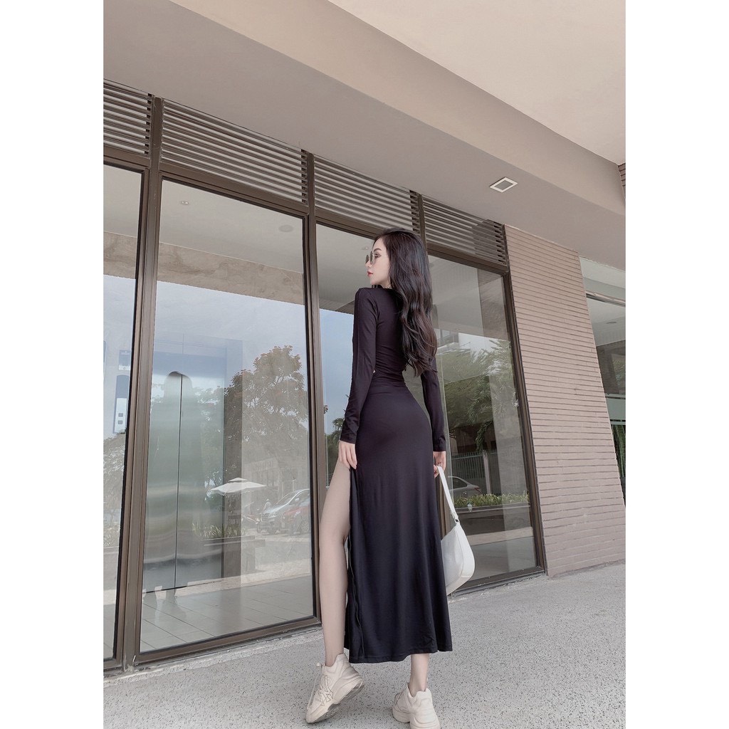 2FASHIONISTA Đầm khoét eo xẻ tà tay dài siêu phong cách - Borip freesize dưới 53kg - Đầm dạ hội