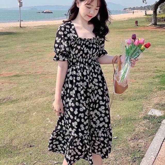 Váy ulzzang đầm hoa nhí cổ vuông hở lưng cột dây nơ siêu xinh