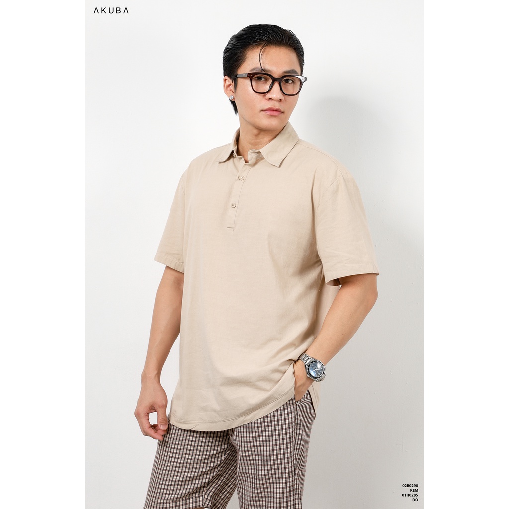 Áo sơ mi nam tay ngắn trơn AKUBA form regular, vải linen nhẹ, thấm hút cực tốt, thân thiện môi trường 02B0290