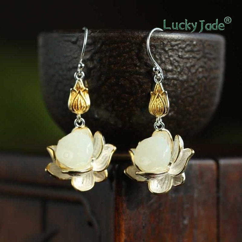 Khuyên Tai Bạc S925 Hình Hoa Sen Đính Đá Ngọc Bích Nhân Tạo Thời Trang