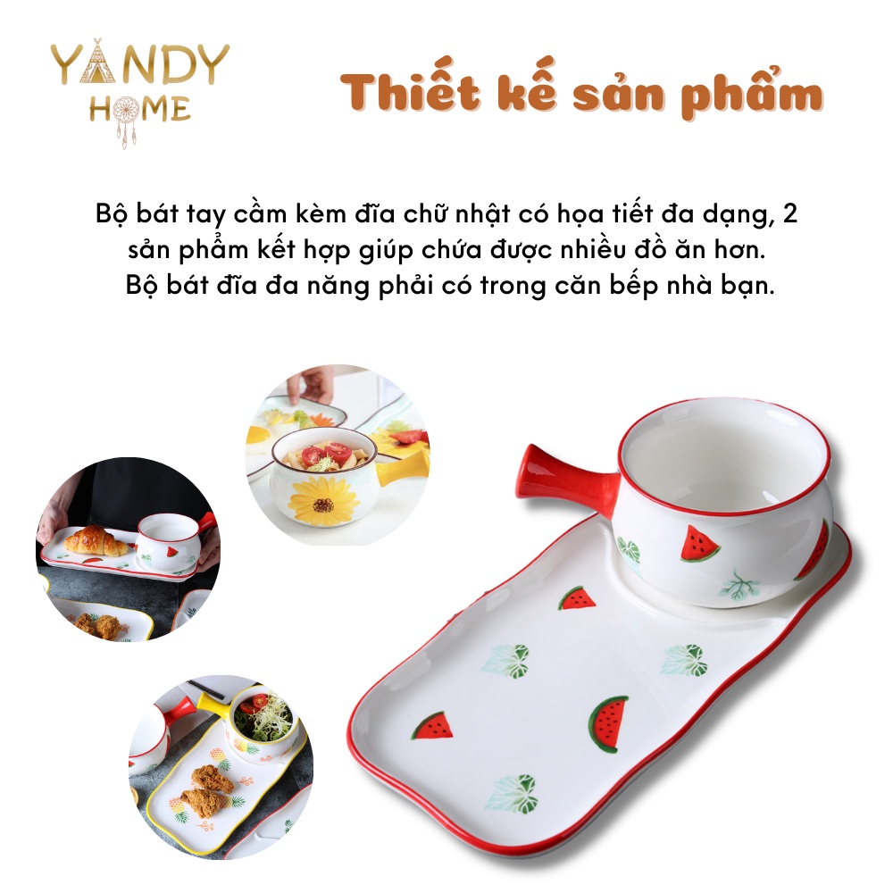 Bộ bát sứ có tay cầm kèm đĩa chữ nhật YANDY HOME BB08 quánh có dĩa gốm men cao cấp