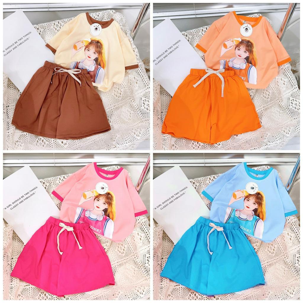[15-45kg] Đồ bộ cộc tay mùa hè hình CÔ GÁI cho bé, Bộ bé gái size đại chất cotton
