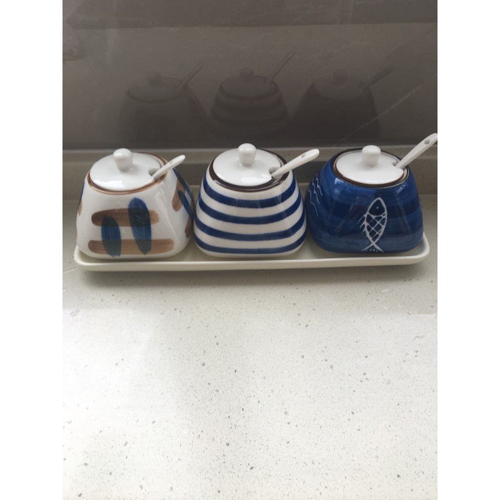 Bộ hộp khay đựng gia vị gốm sứ CERAMIC cao cấp phong cách nhật bản
