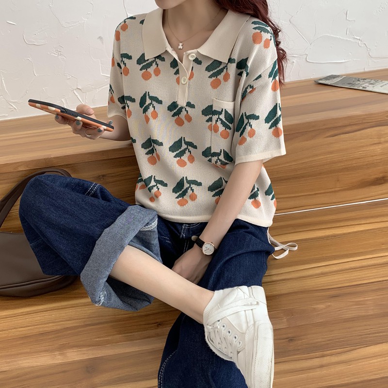 Áo kiểu len cổ polo TIENKHISHOP rút dây eo hình hoa tay ngắn mùa thu tay lỡ A113