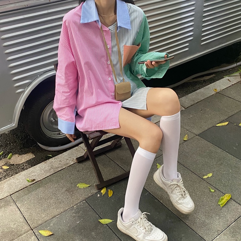 Áo sơ mi tay dài phối màu tương phản phong cách Hàn Quốc dành cho nữ