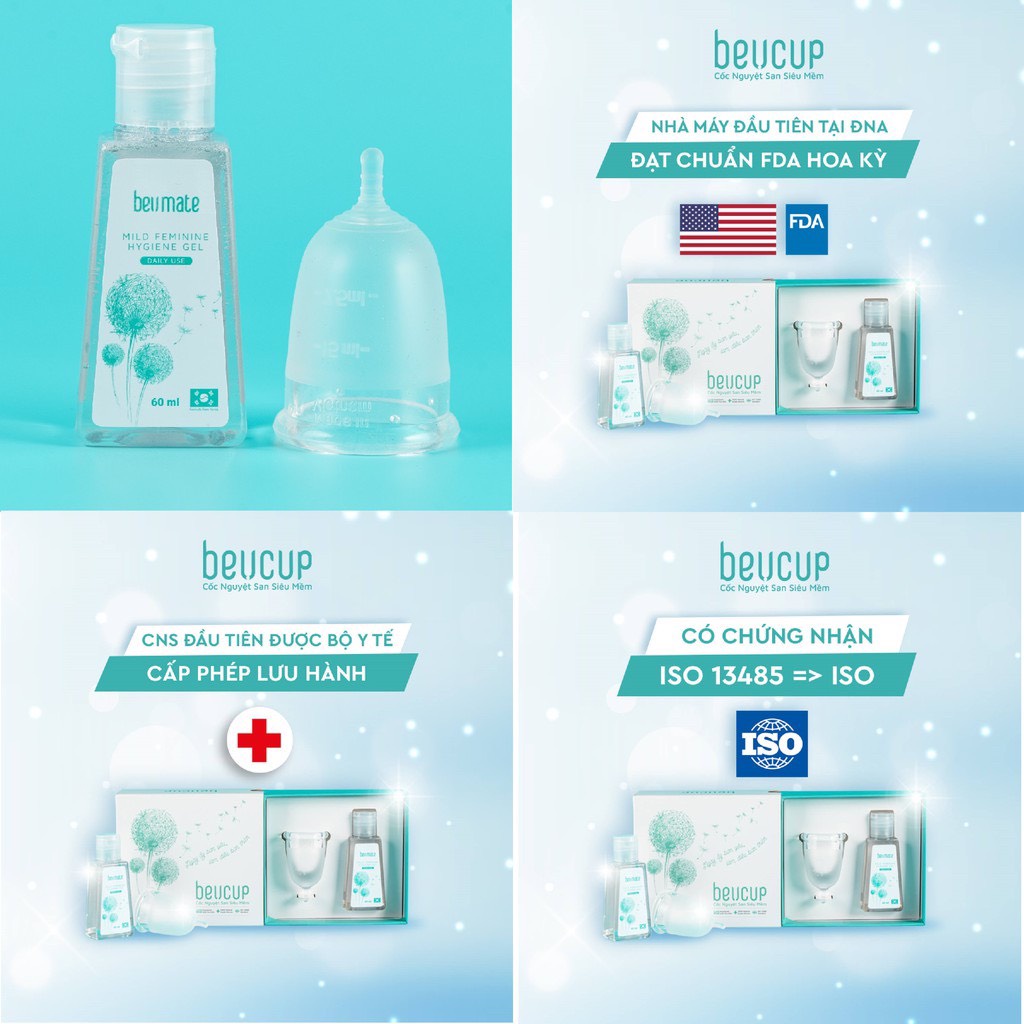 Combo 1 cốc nguyệt san BeUcup silicol y tế siêu mềm chuẩn FDA Hoa Kỳ + 1 Nước hoa vùng kín Inner Perfume FEMMES