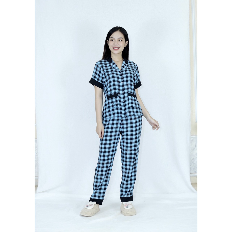 [HÌNH THẬT 100%] Bộ đồ Pijama nữ sọc CA RÔ XANH PHA CỔ ĐEN - vải siêu lụa cao cấp - Cực Kì Sang Chảnh