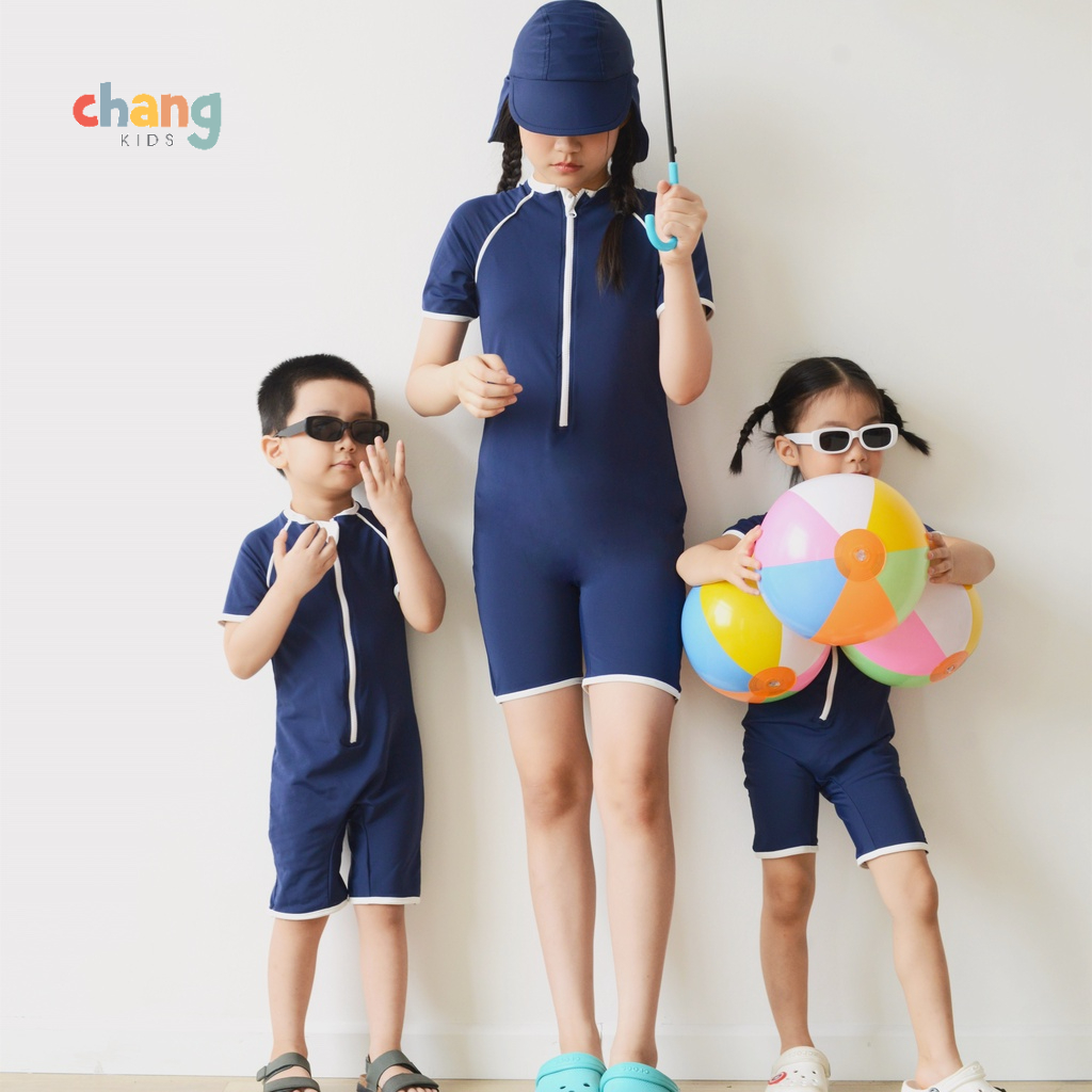 Bộ bơi kéo khóa ngắn tay viền dáng đùi Sportie_Xanh navy