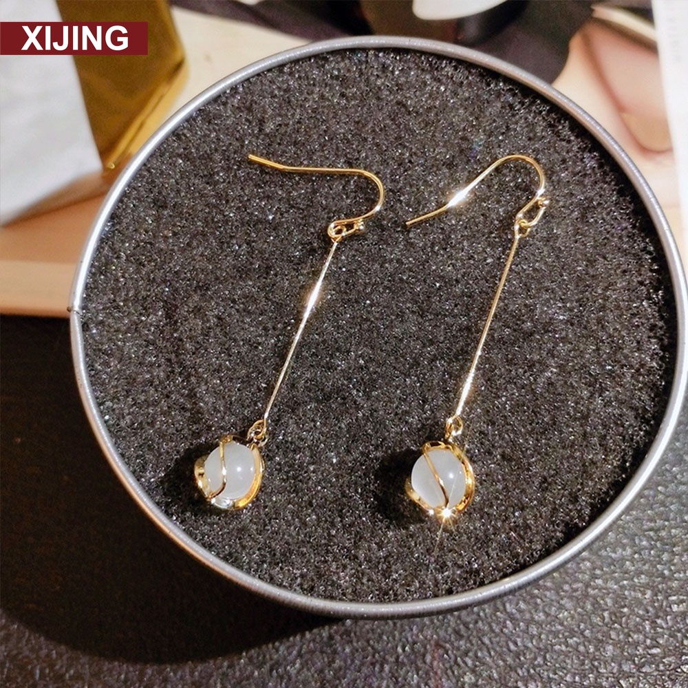 Bông tai dáng dài đính đá Opal đơn giản thời trang dành cho nữ