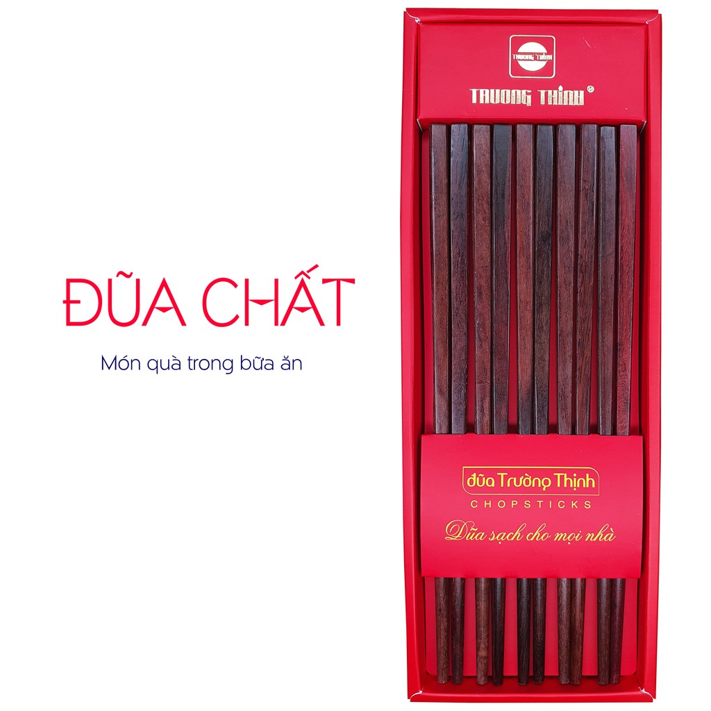 Đũa Gỗ Trắc Thương Hiệu TRƯỜNG THỊNH - Hộp Màu Đỏ - 10 Đôi Trơn Vuông.
