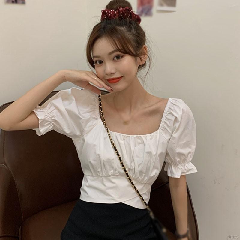  Áo kiểu cho nữ tay phồng ngắn xẻ cổ chữ U phong cách Hàn Quốc đáng yêu | BigBuy360 - bigbuy360.vn