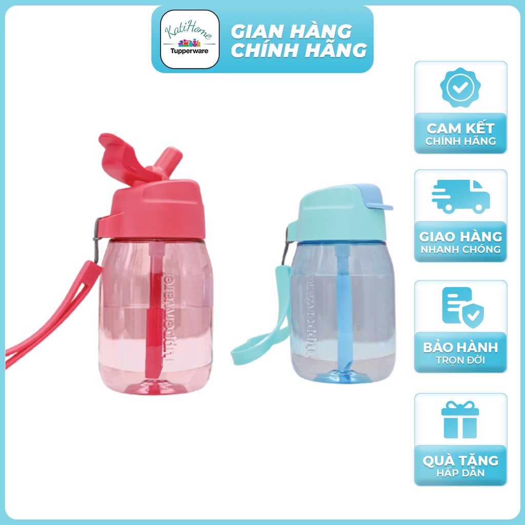 Bình nước nhựa cho bé mang đi học Lohas Tupperware 350ml có ống hút cho bé đi học, không rỉ đổ, có quai xách