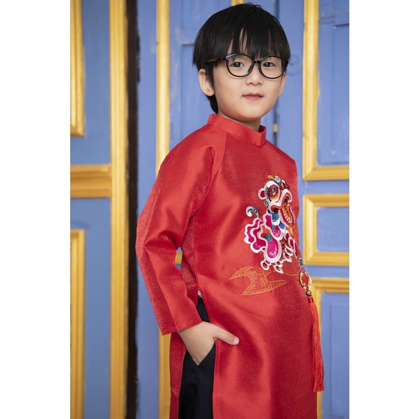 Áo Dài Bé Trai Thêu Lân Mon 3 Màu Đỏ - Vàng - Xanh Cho Bé Từ 8 đến 29kg