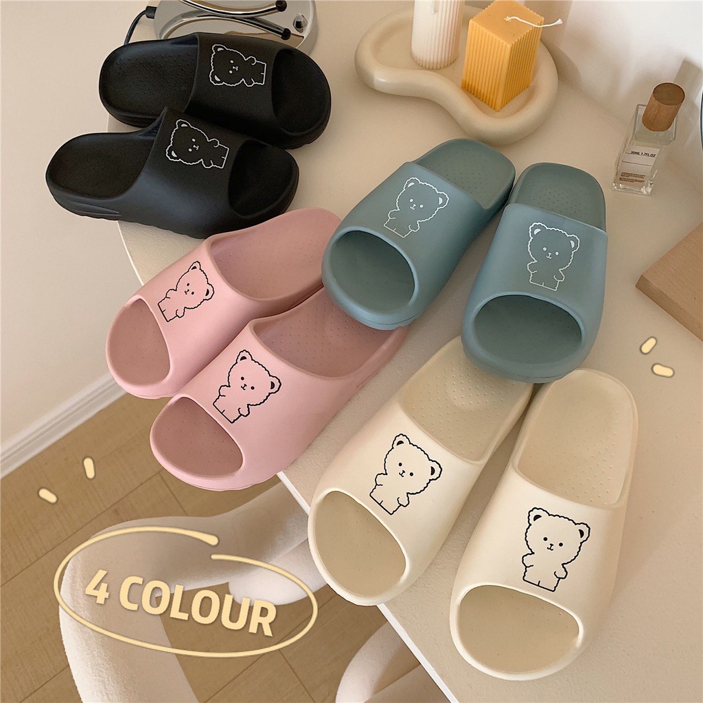 Dép Unisex Ulzzang đế bánh mì họa tiết chú gấu chống trơn trượt D144