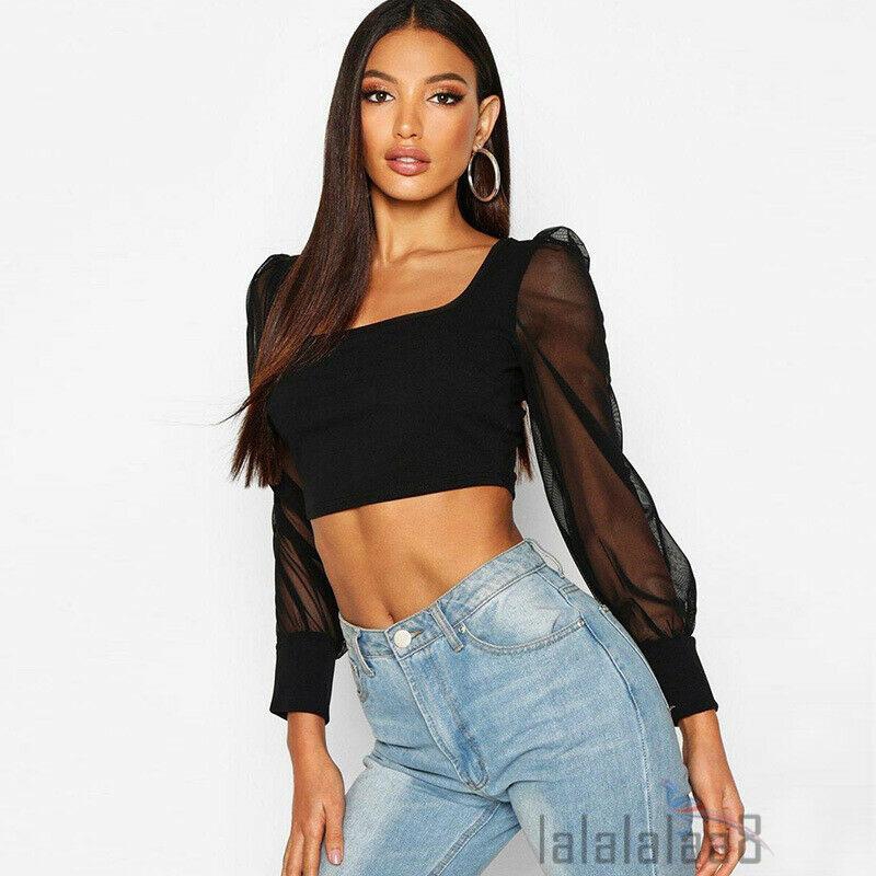 ☆➔❤Sexy Lady Perspective Transparent Mesh Long Sleeve Party Club Cropped Top | BigBuy360 - bigbuy360.vn