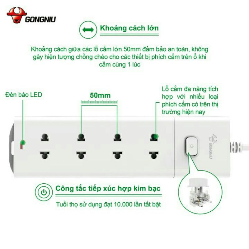 Ổ Cắm Điện Gongniu 4 Ổ 1 Công Tắc-2500W/10A-V1040-Chính Hãng