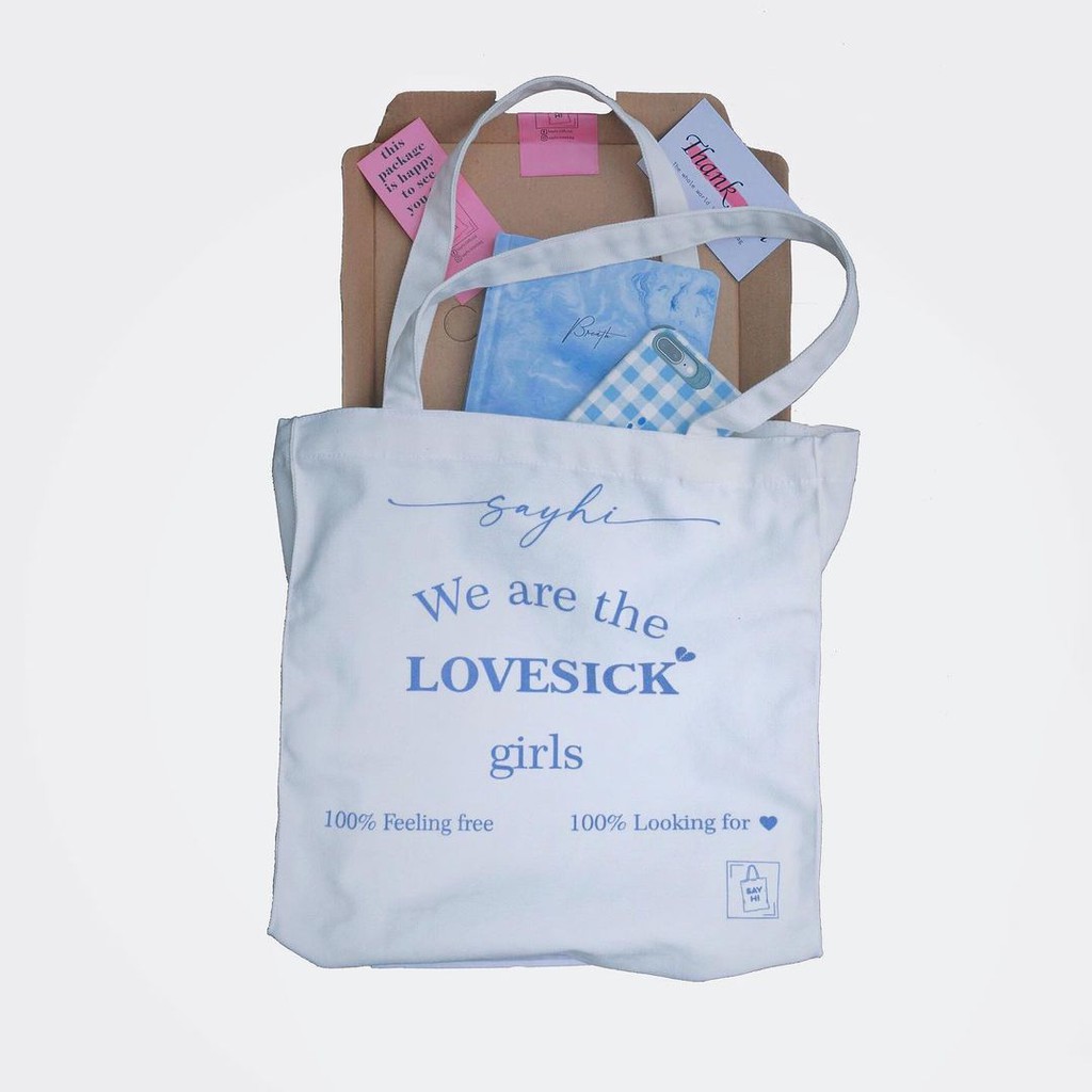 Túi tote túi đeo vai vải canvas trắng (vải bố) thời trang nữ SAYHI Lovesick Girls