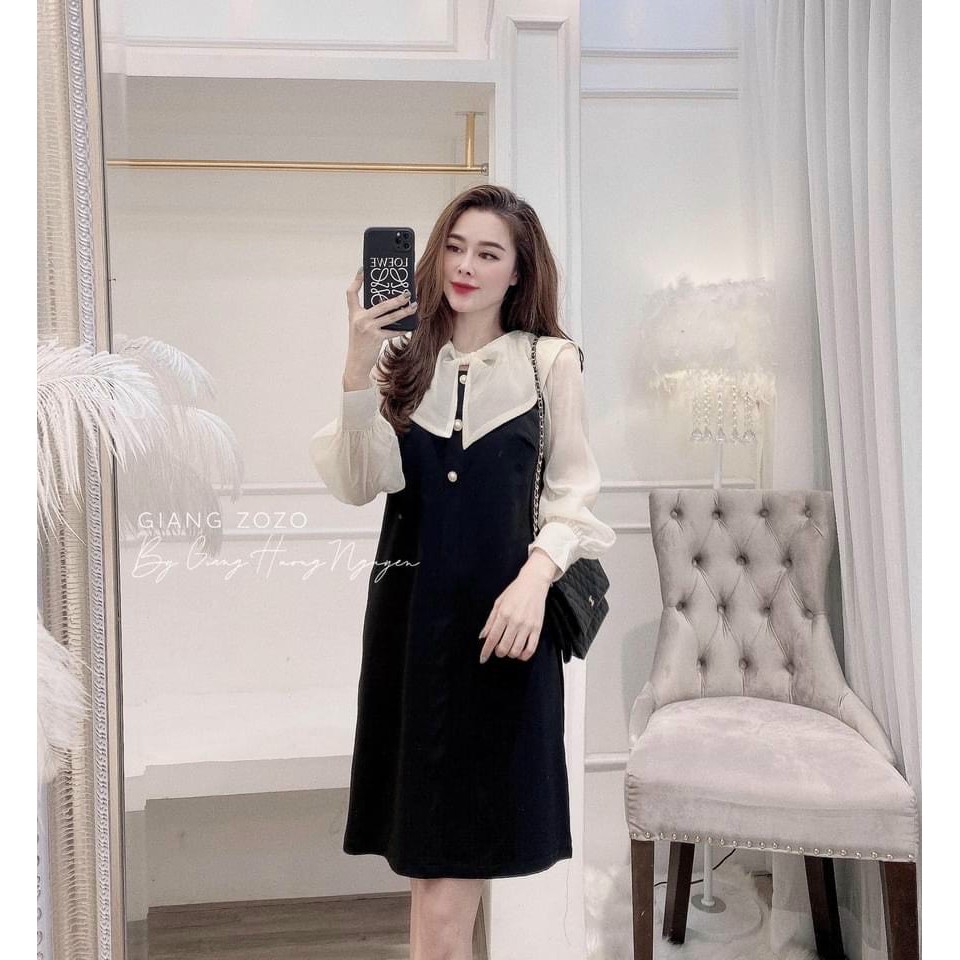 Váy xuông phối tay voan cổ nơ