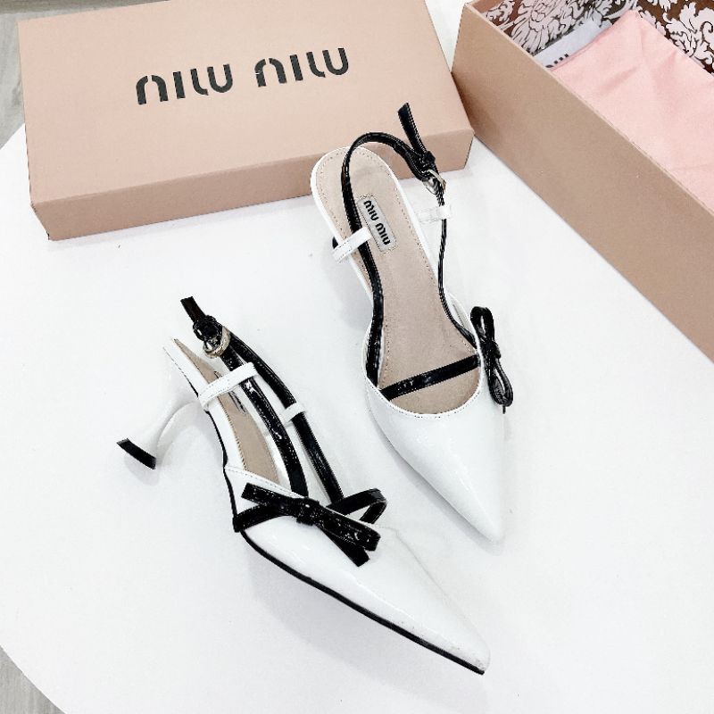 JMH(ẢNH THẬT) Sandal Miu Miu 5p Gót Nhọn Nơ Nhí Da Bóng Mềm Êm Fullbox Bill Túi Cao Cấp